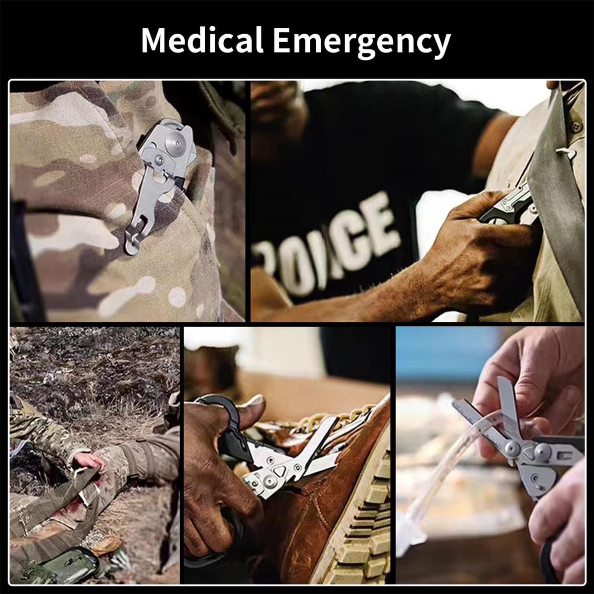 Collage of a multi-tool being used in various scenarios with text 'Medical Emergency'.