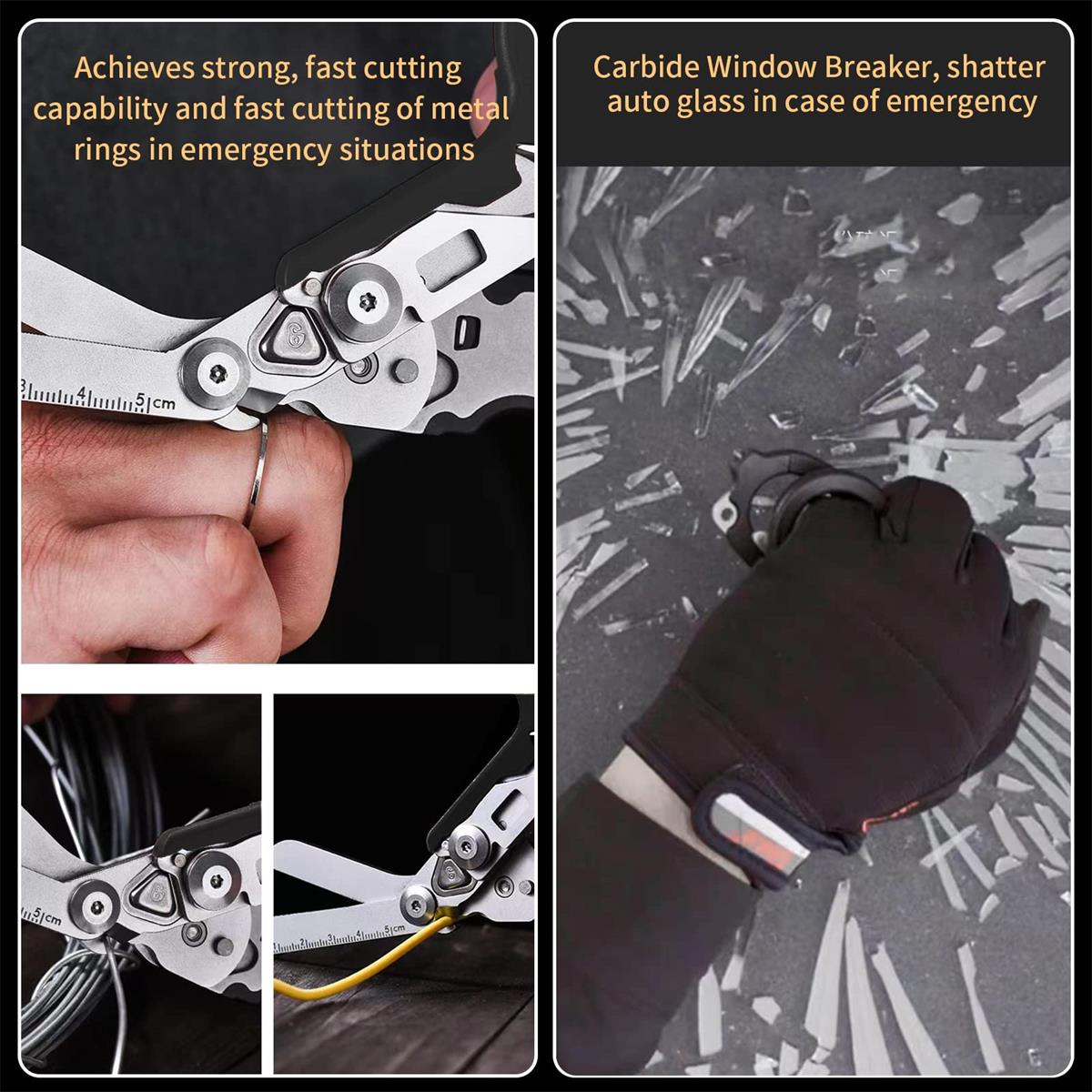 Multitool with cutting and window breaking capabilities in emergency situations
