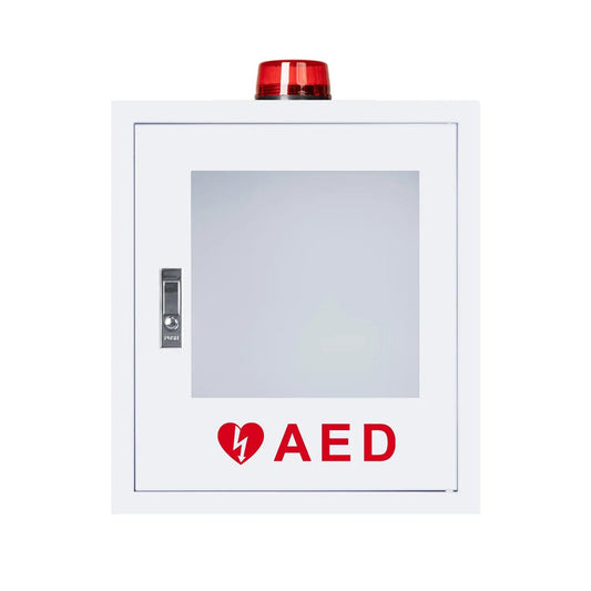 White background featuring an AED cabinet illuminated by a red light, signaling its availability for emergencies.