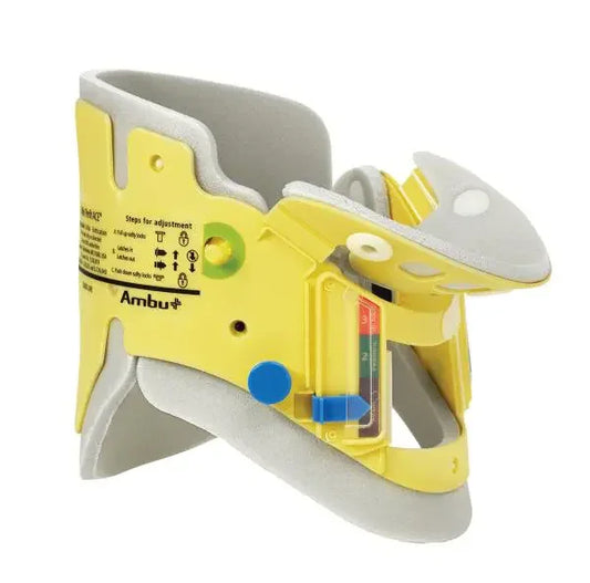 Yellow and gray neck brace with Ambu branding on a white background