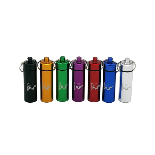 Set of seven colorful Aspirin & Medication Keychain on a white background