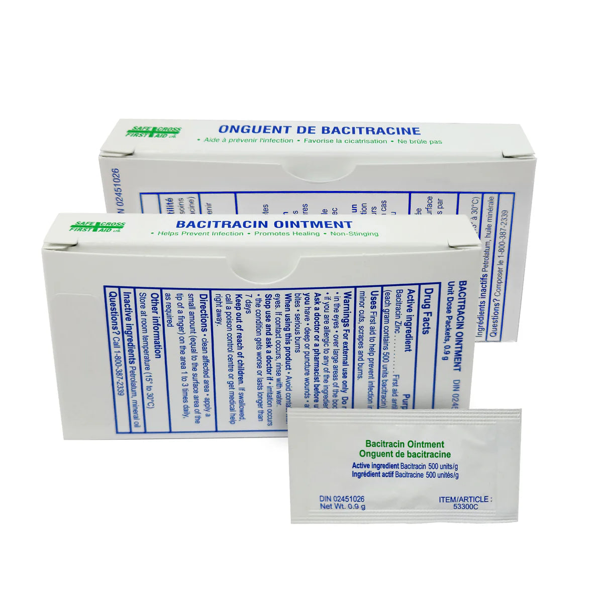Bacitracin Zinc First Aid Antibiotic Ointment box of 12 single-use 0.9 g pouches for minor wound care.