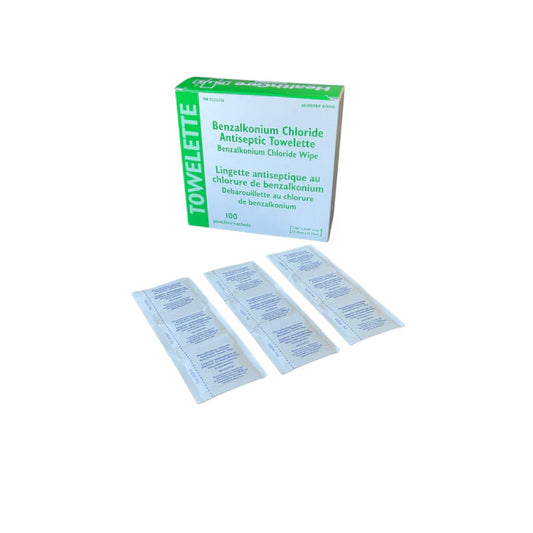 White background with a box and some Benzalkonium Chloride Antiseptic Towelettes