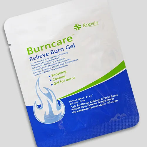 Burncare gel packaging with Roosin branding on a gray background