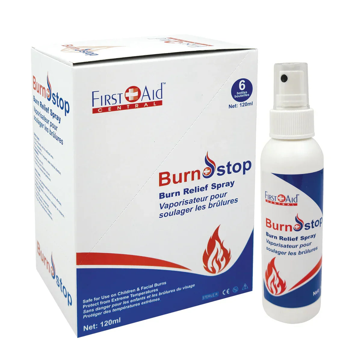Burn relief spray and packaging on a white background.