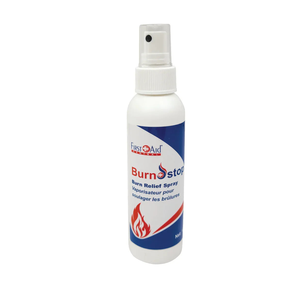 Burn relief spray bottle with First Aid brand on a white background