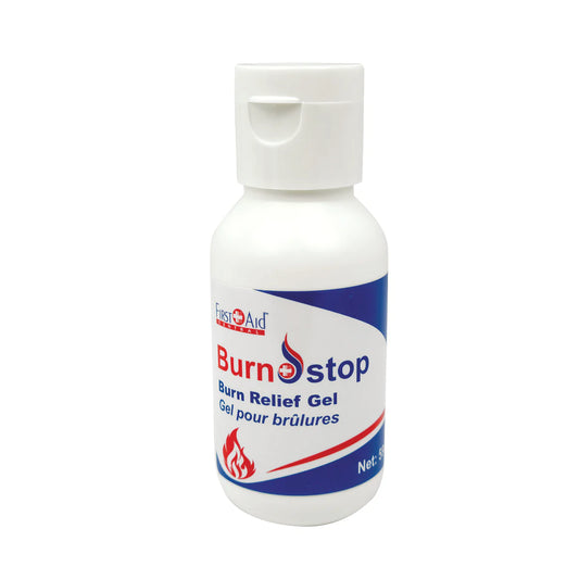 Burn relief gel bottle with visible branding on a white background