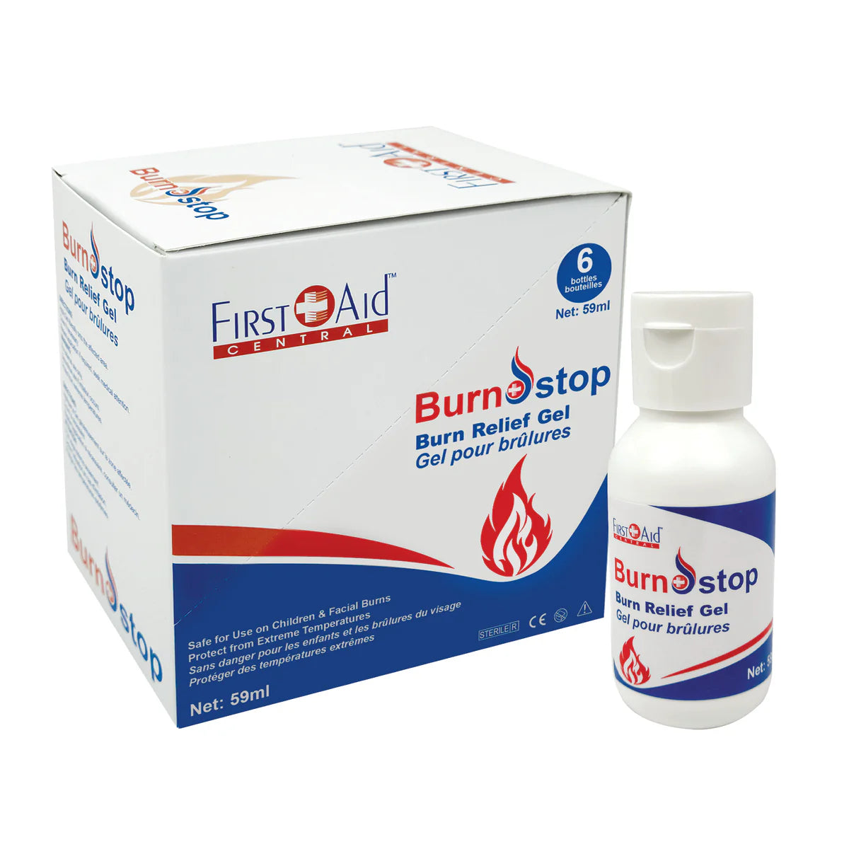 Burn relief gel packaging with box and bottle on a white background