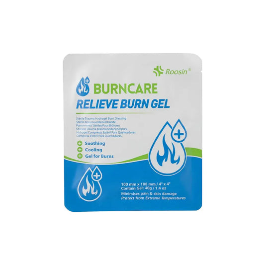 Burn care gel packaging with Roosin branding on a white background