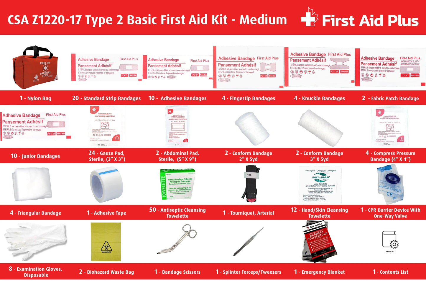 Close up of  CSA Z1220-17 Type 2 Basic First Aid Kit - Medium Nylon Bag