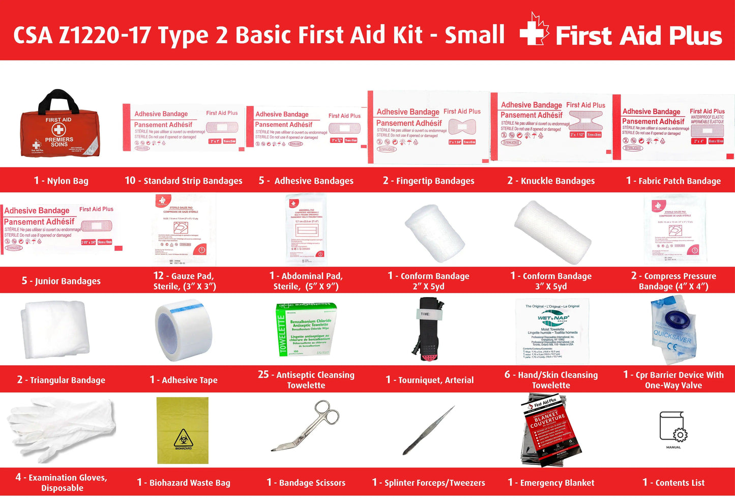 Close up of CSA Z1220-17 Type 2 Basic First Aid Kit - Small Nylon Bag