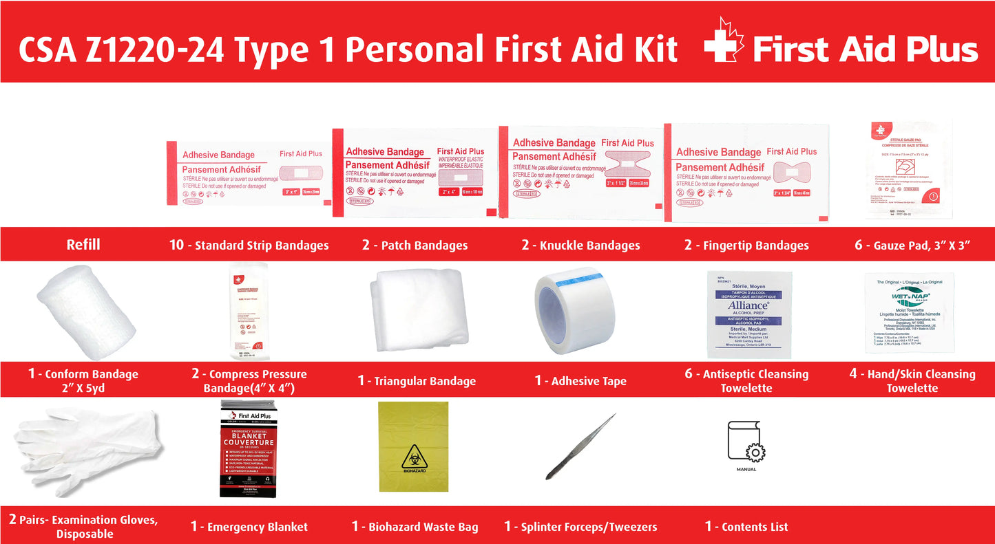CSA Z1220-24 Type 1 personal first aid kit refill contents displayed, including bandages, gauze pads, compress bandage, triangular bandage, adhesive tape, cleansing wipes, gloves, emergency blanket, tweezers, and biohazard waste bag