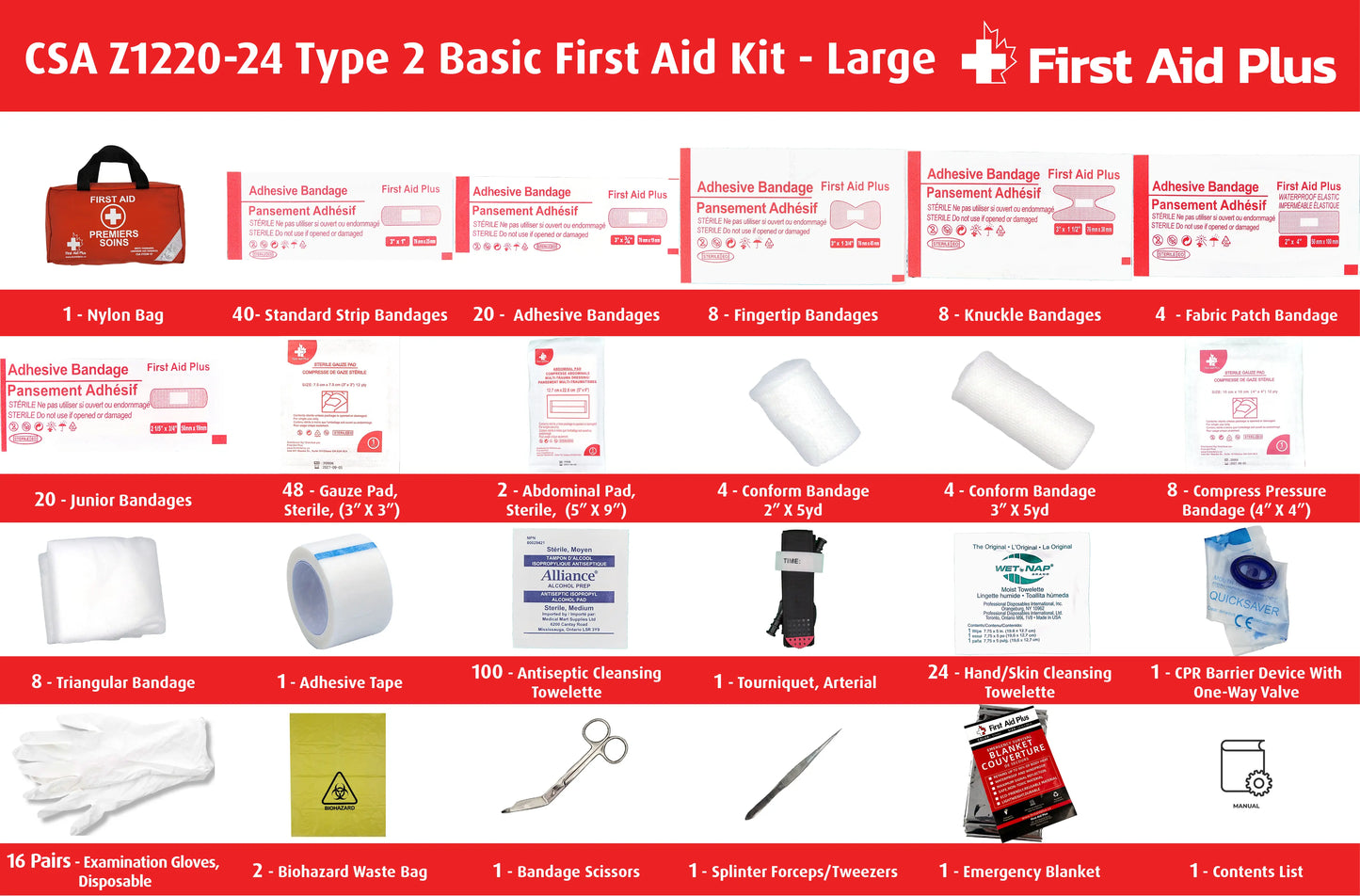 CSA Z1220-24 Type 2 Basic first aid kit large contents displayed with nylon bag, including bandages, gauze pads, abdominal pads, compress bandages, cleansing wipes, tourniquet, CPR barrier, gloves, scissors, tweezers, emergency blanket, and biohazard waste bags