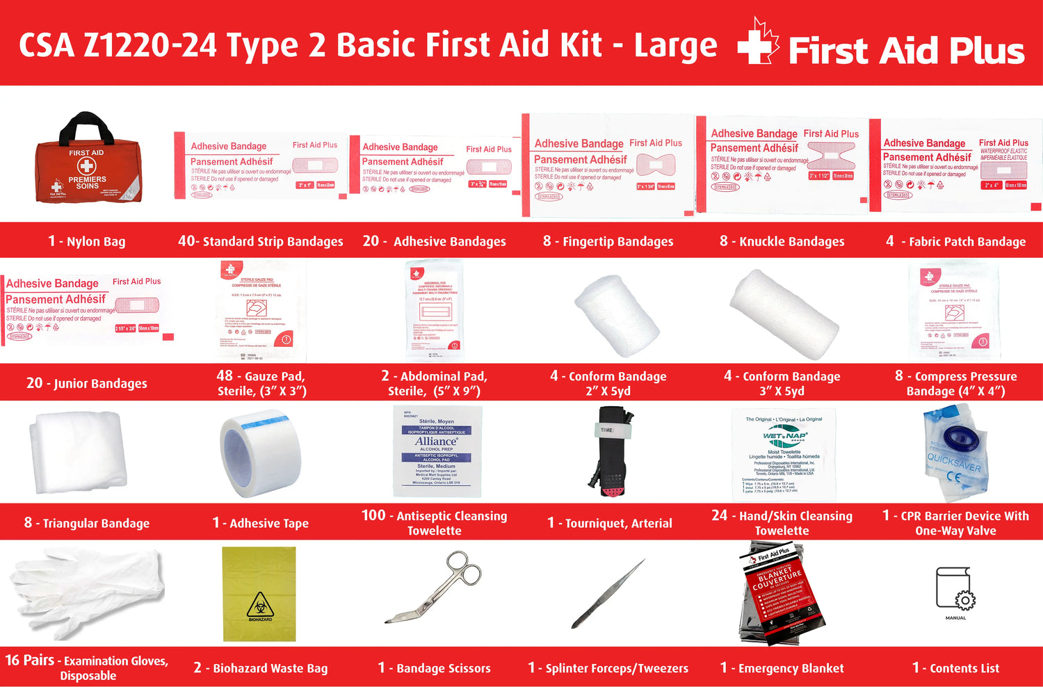 CSA Z1220-24 Type 2 Basic first aid kit large contents displayed with nylon bag, including bandages, gauze pads, abdominal pads, compress bandages, cleansing wipes, tourniquet, CPR barrier, gloves, scissors, tweezers, emergency blanket, and biohazard waste bags