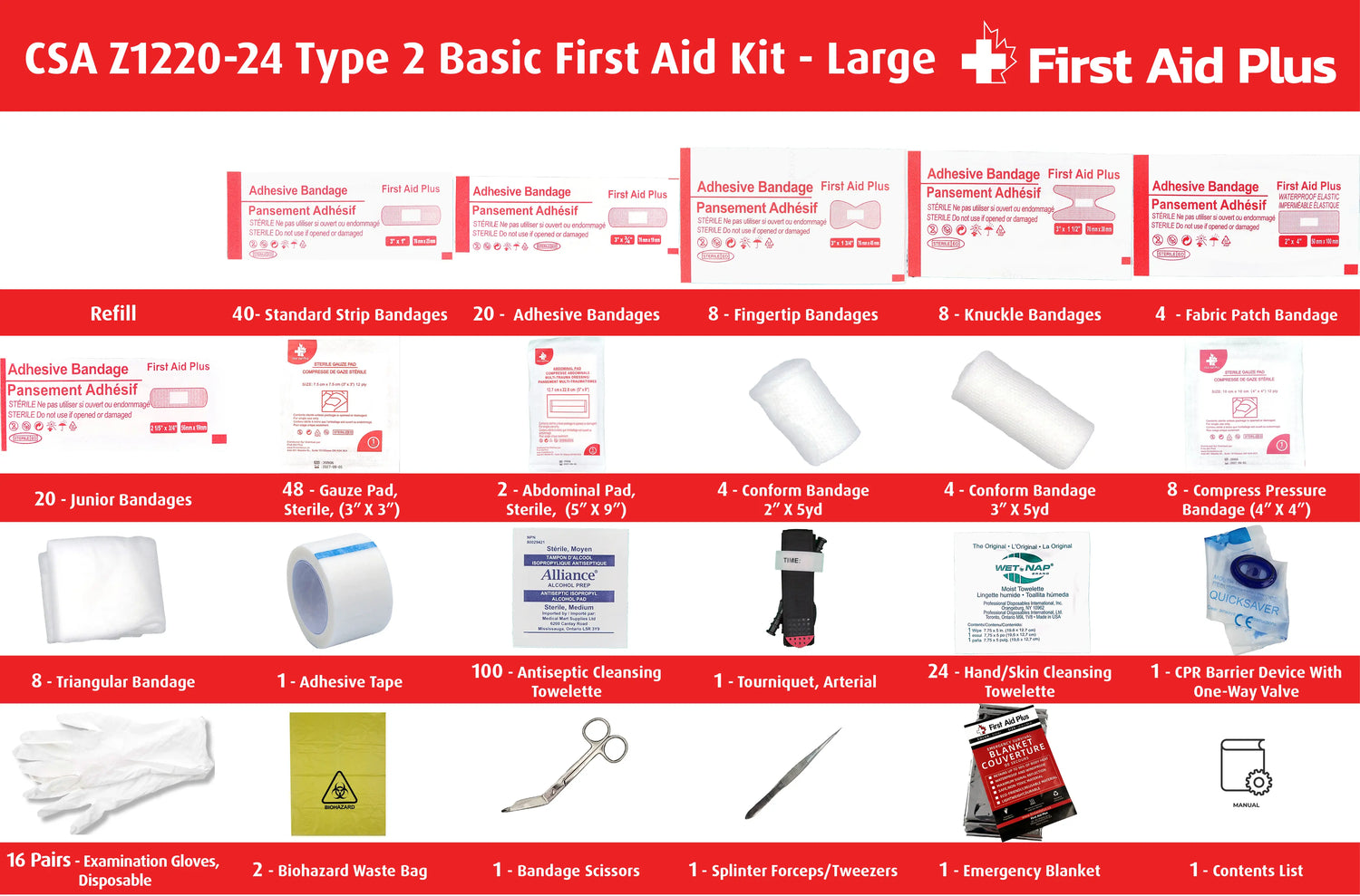 CSA Z1220-24 Type 2 Basic first aid kit large refill contents displayed, including bandages, gauze pads, abdominal pads, compress bandages, cleansing wipes, tourniquet, CPR barrier, gloves, scissors, tweezers, emergency blanket, and biohazard waste bags