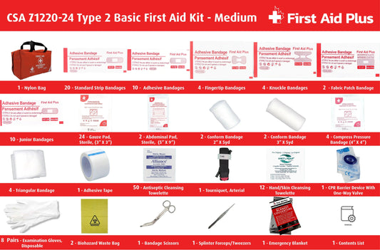 CSA Z1220-24 Type 2 Basic first aid kit medium contents displayed with nylon bag, including bandages, gauze pads, abdominal pads, compress bandages, cleansing wipes, tourniquet, CPR barrier, gloves, scissors, tweezers, emergency blanket, and biohazard waste bag