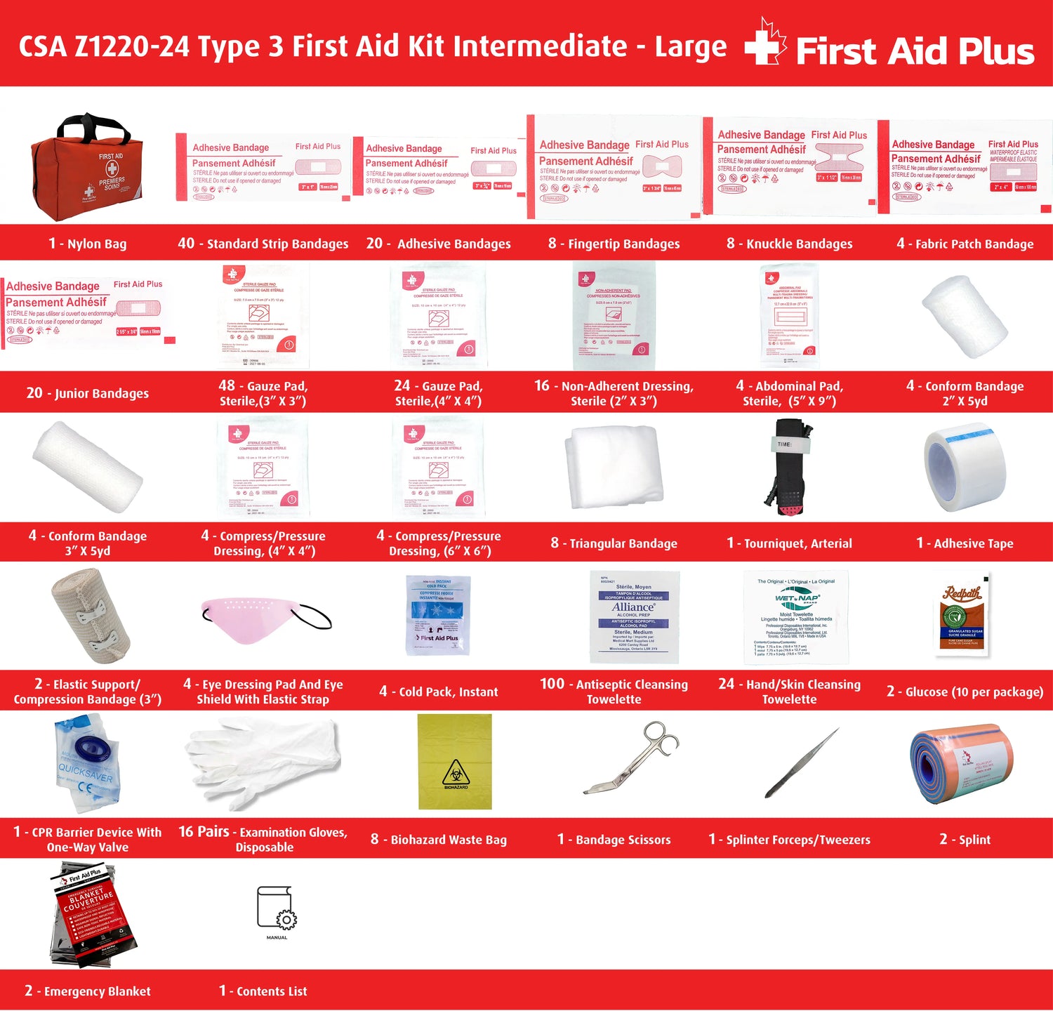 CSA Z1220-24 Type 3 Intermediate first aid kit large contents displayed with nylon bag, including bandages, gauze pads, non-adherent dressings, abdominal pads, compress dressings, elastic support bandages, triangular bandages, eye dressing and shield, tourniquet, cold packs, splints, cleansing wipes, glucose, CPR barrier, gloves, scissors, tweezers, emergency blankets, and biohazard waste bags