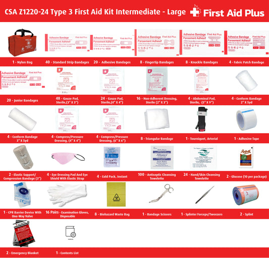CSA Z1220-24 Type 3 Intermediate first aid kit large contents displayed with nylon bag, including bandages, gauze pads, non-adherent dressings, abdominal pads, compress dressings, elastic support bandages, triangular bandages, eye dressing and shield, tourniquet, cold packs, splints, cleansing wipes, glucose, CPR barrier, gloves, scissors, tweezers, emergency blankets, and biohazard waste bags