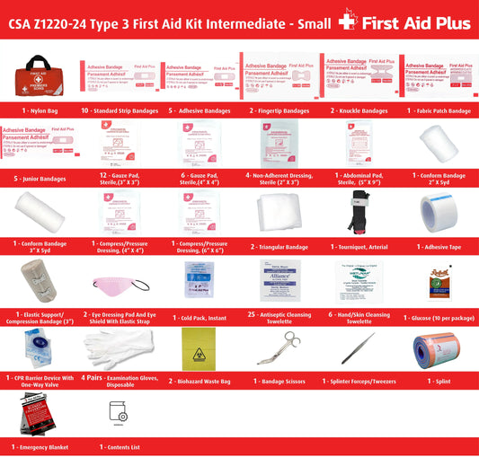 CSA Z1220-24 Type 3 Intermediate first aid kit small contents displayed with nylon bag, including bandages, gauze pads, non-adherent dressings, abdominal pad, compress dressings, elastic support bandage, triangular bandages, eye dressing and shield, tourniquet, cold pack, splint, cleansing wipes, glucose, CPR barrier, gloves, scissors, tweezers, emergency blanket, and biohazard waste bags