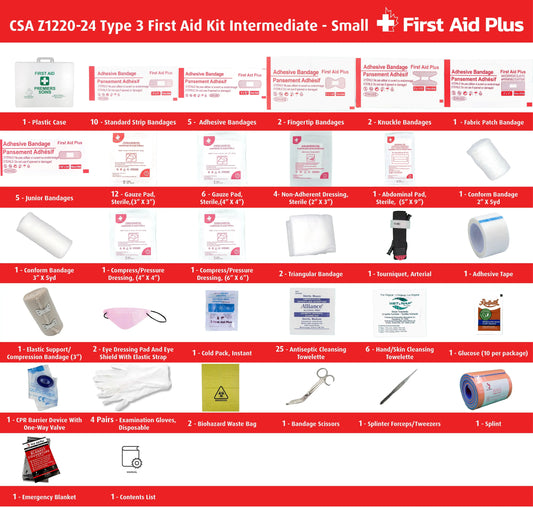 CSA Z1220-24 Type 3 Intermediate first aid kit small contents shown with plastic case, including bandages, gauze pads, non-adherent dressings, abdominal pad, compress dressings, elastic support bandage, triangular bandages, eye dressing and shield, tourniquet, cold pack, splint, cleansing wipes, glucose, CPR barrier, gloves, scissors, tweezers, emergency blanket, and biohazard waste bags