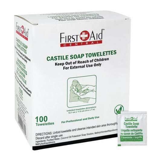 Box of First Aid Central Castile Soap Towelettes with a sample packet on a white background