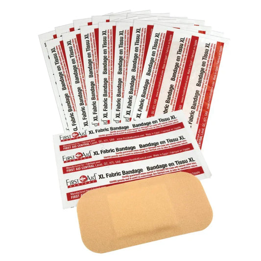 Pack of XL fabric bandages with packaging on a white background
