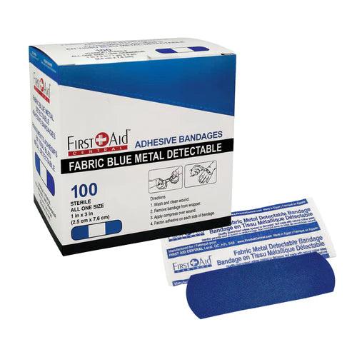 Image of box of Fabric Blue Metal Detectable Bandages with one Blue Bandage resting text to the box on a white background.