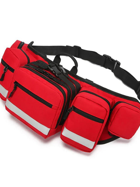 Red waist bag with multiple pockets and reflective stripes on a white background