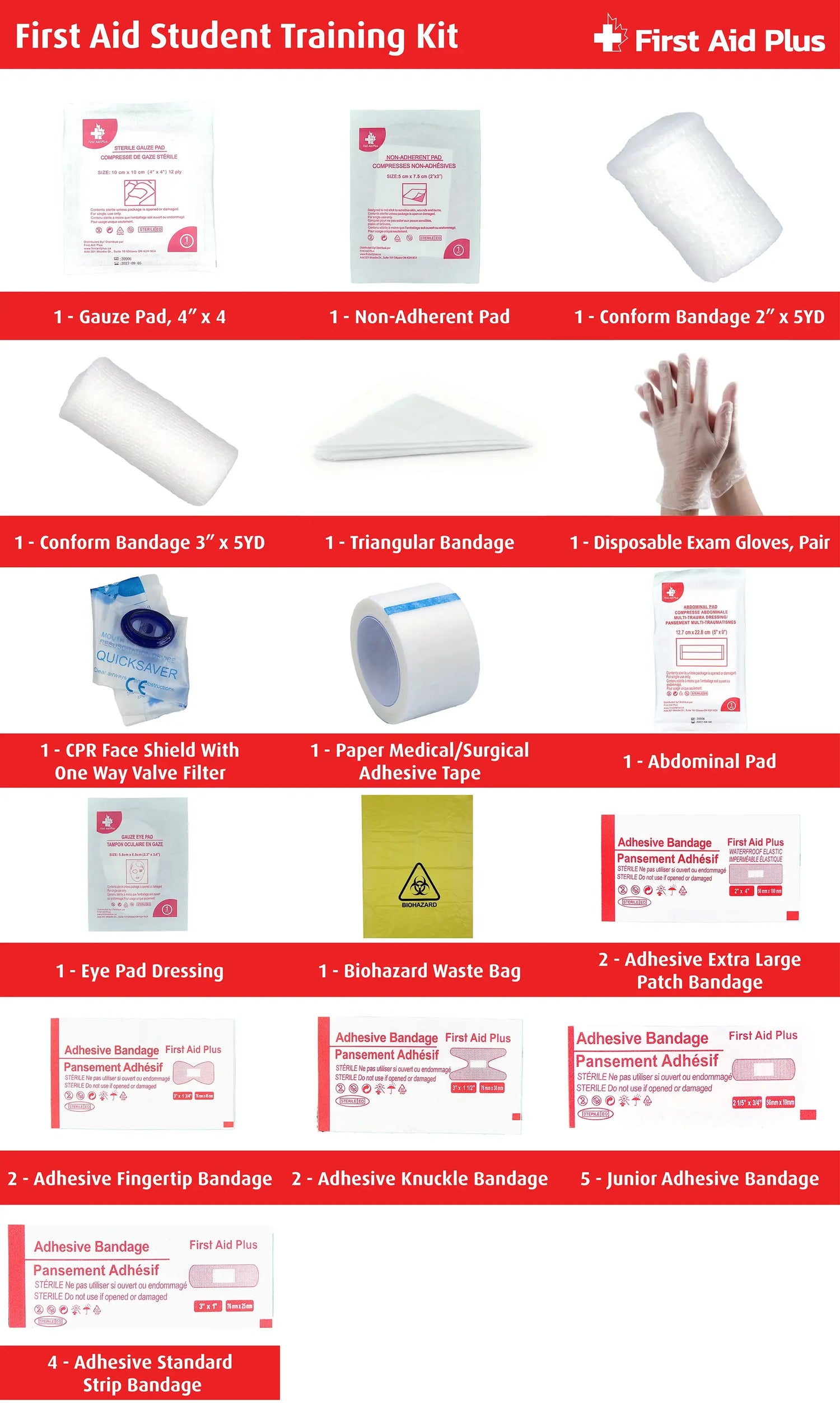 First aid student training kit with various medical supplies on a red background