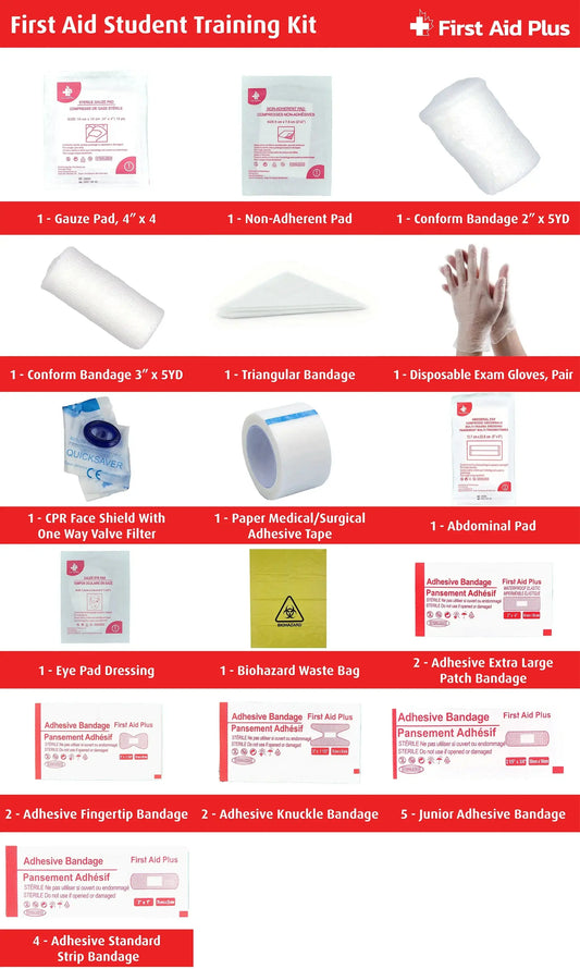 First aid student training kit with various medical supplies on a red background