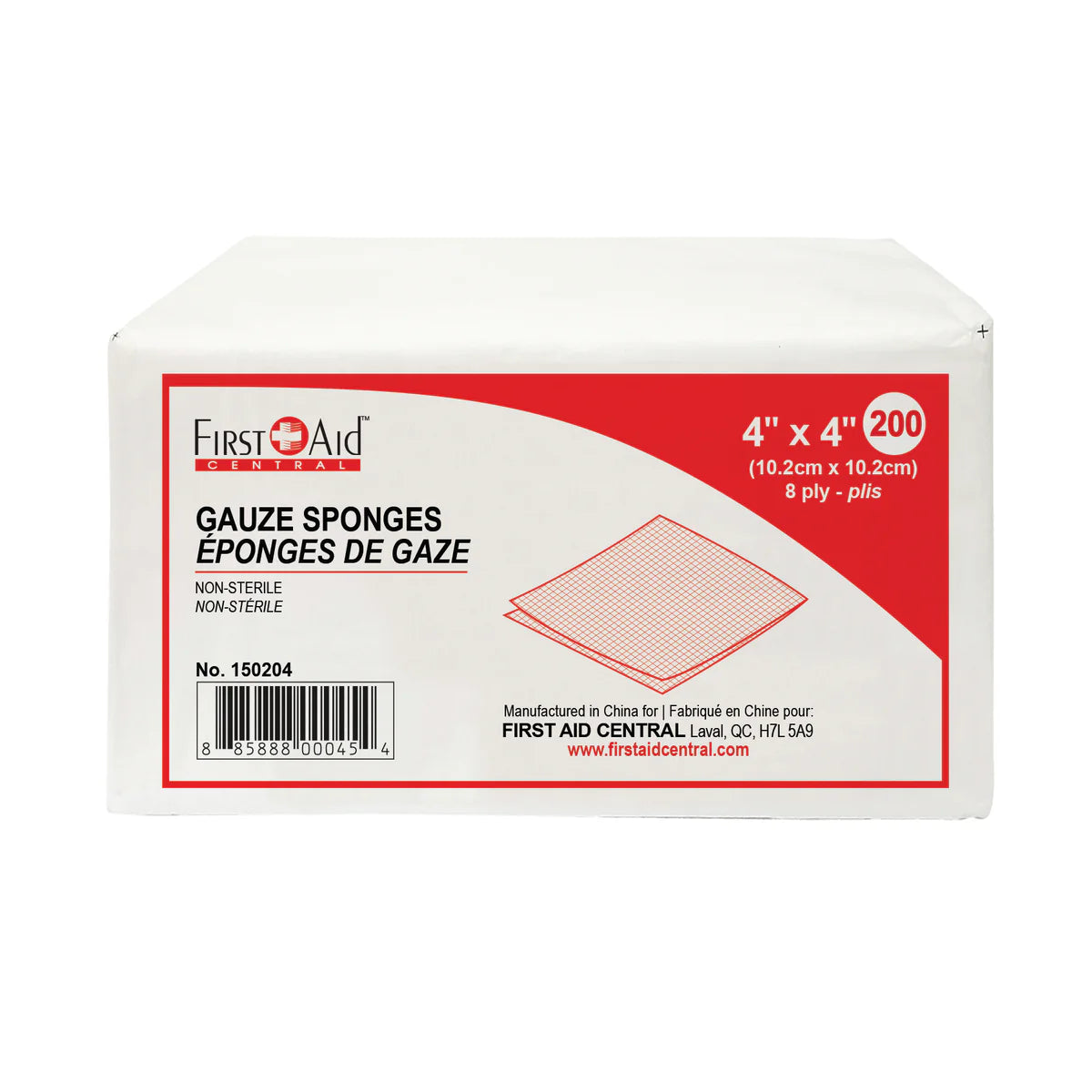 Box of First Aid Central gauze sponges on a white background