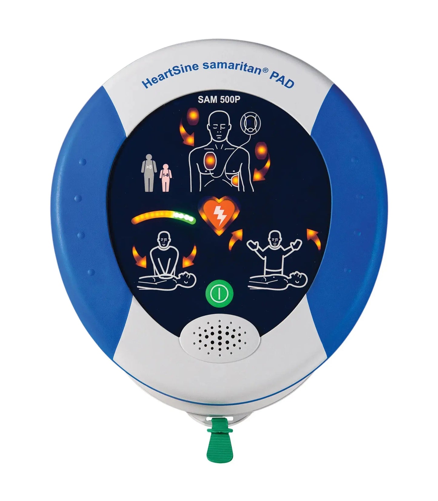 HeartSine Samaritan PAD 500P defibrillator on a white background