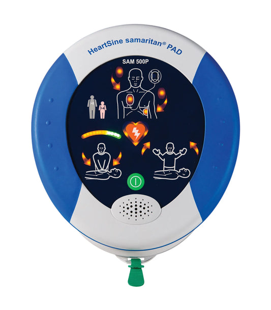 HeartSine Samaritan PAD 500P defibrillator on a white background
