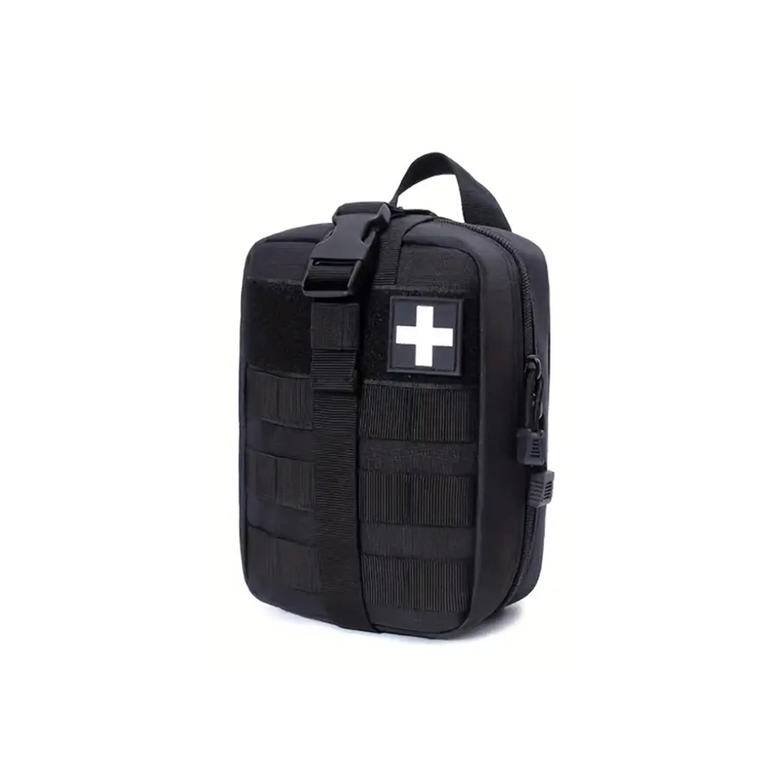 Tactical IFAK: a black medical bag with a prominent black cross, designed for quick access to first aid essentials.