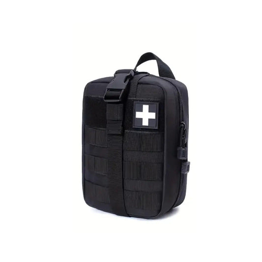 Tactical IFAK: a black medical bag with a prominent black cross, designed for quick access to first aid essentials.