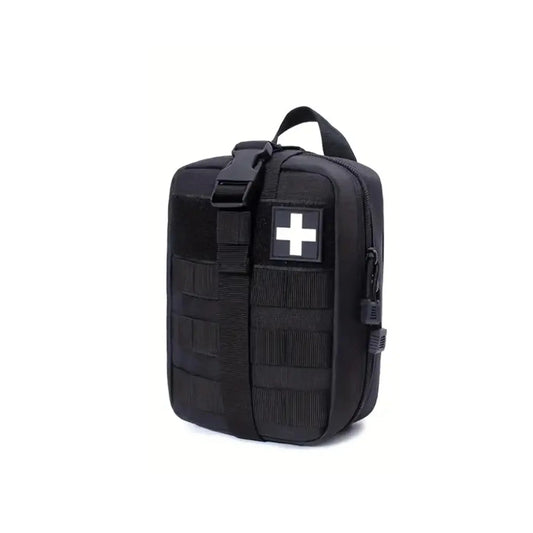 Tactical IFAK: a black medical bag with a prominent black cross, designed for quick access to first aid essentials.