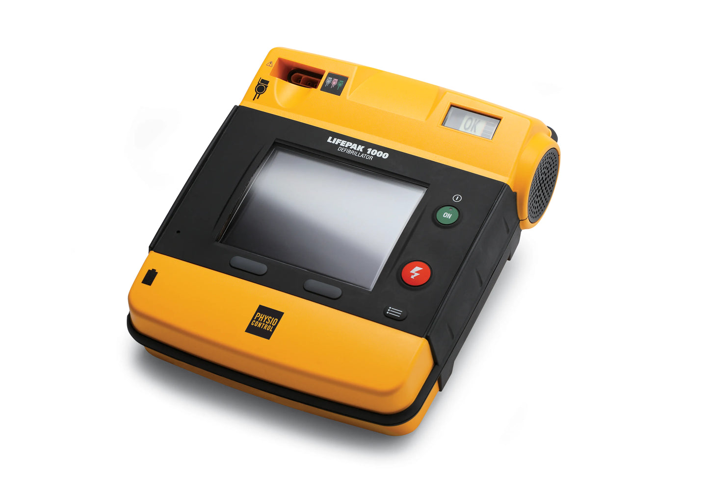 LIFEPAK 1000 AED angled side view with display, shock button, and Physio-Control branding.