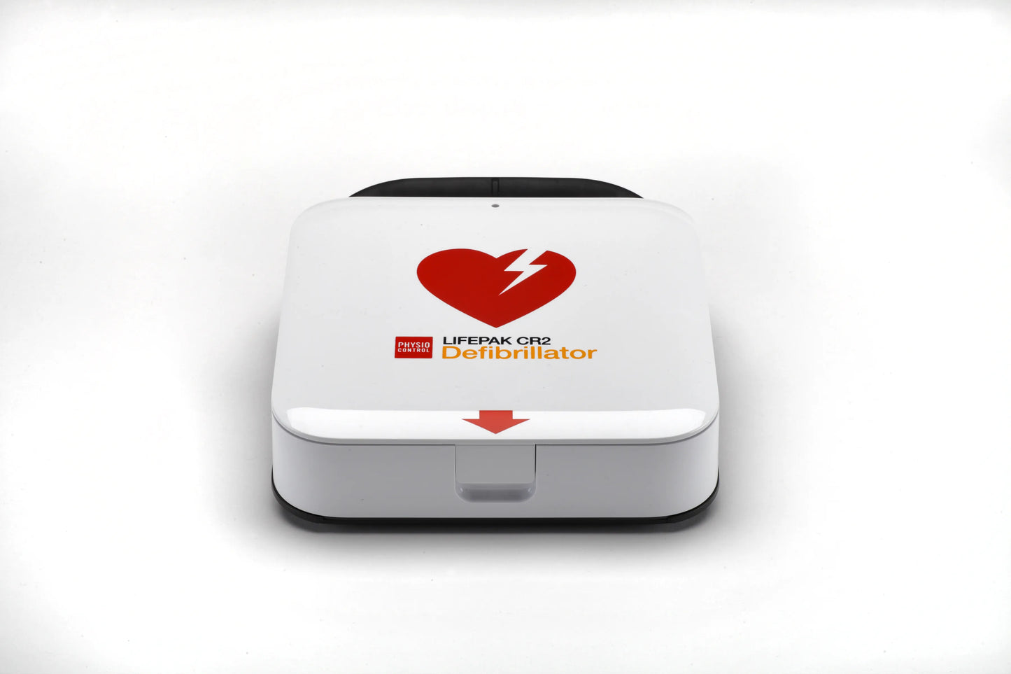 LIFEPAK CR2 automated external defibrillator closed, front view with heart symbol on lid.