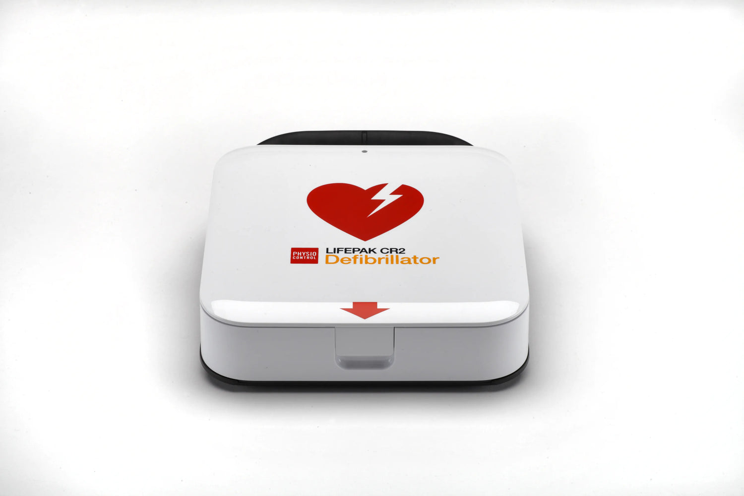 LIFEPAK CR2 automated external defibrillator closed, front view with heart symbol on lid.