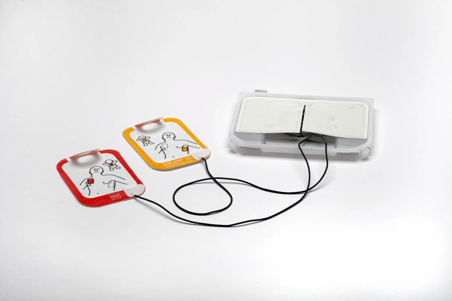 LIFEPAK CR2 replacement AED pads with Quick-Step adult and child electrode pads connected to storage case.
