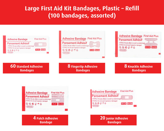 Large First Aid Kit Bandages Plastic Refill pack featuring 100 assorted adhesive bandages including 60 standard, 8 fingertip, 8 knuckle, 4 patch, and 20 junior bandages from First Aid Plus.