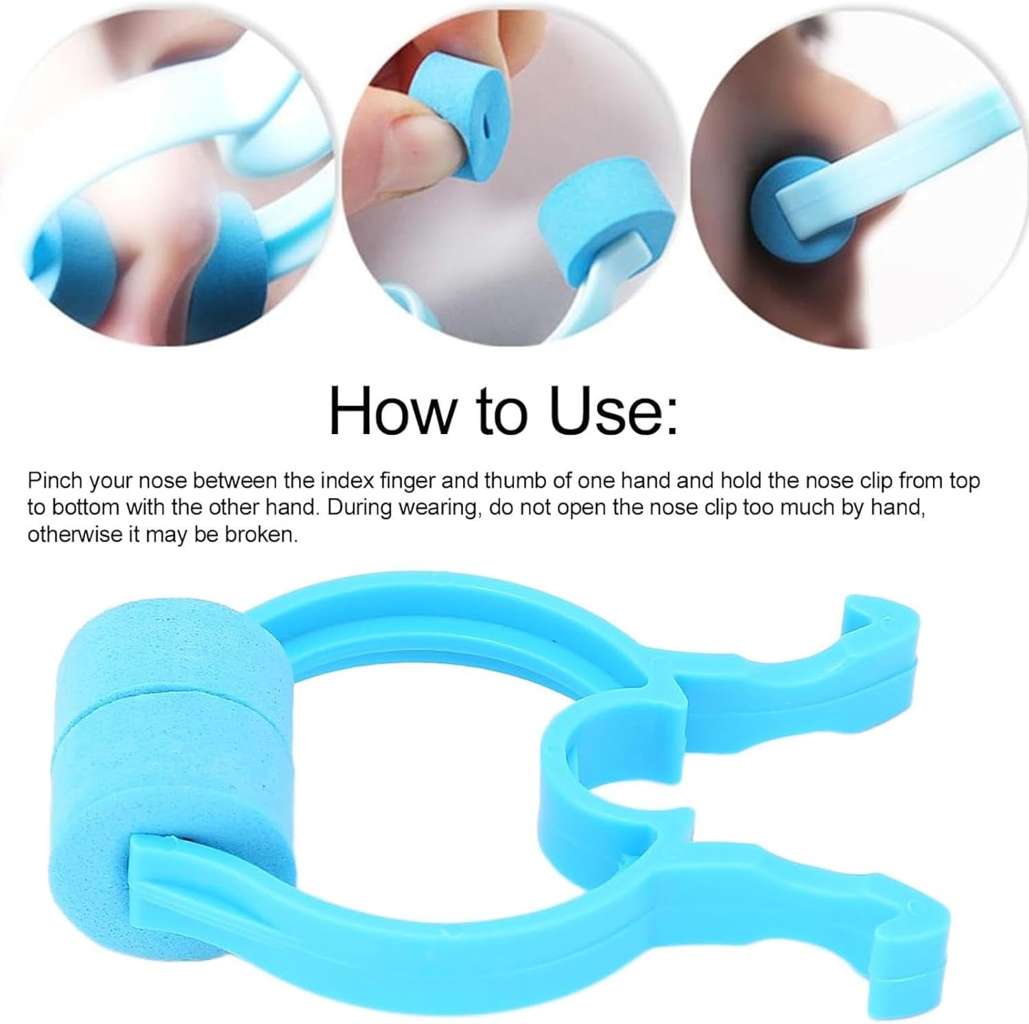 Blue nose clip with usage instructions on a white background