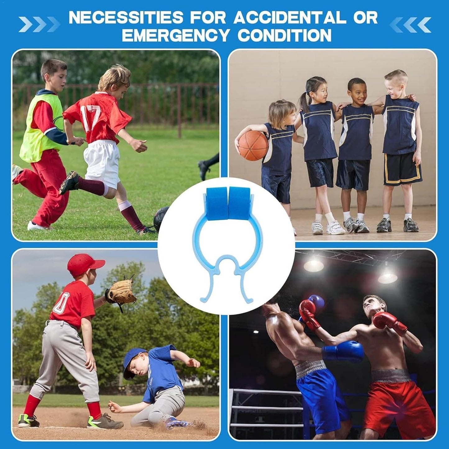 Collage of children playing sports with a blue clip icon in the center, labeled 'Necessities for Accidental or Emergency Condition'.