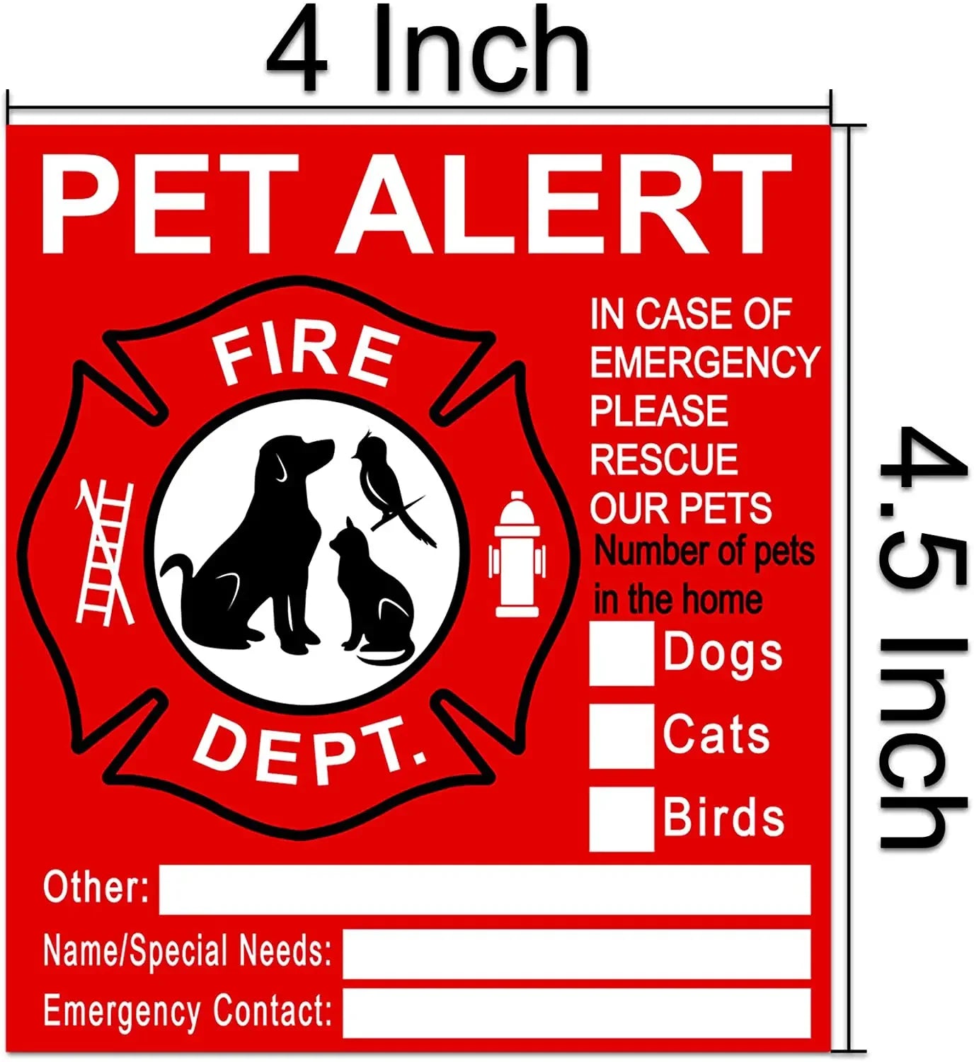 Red 'Pet Alert' sign with emergency instructions and dimensions