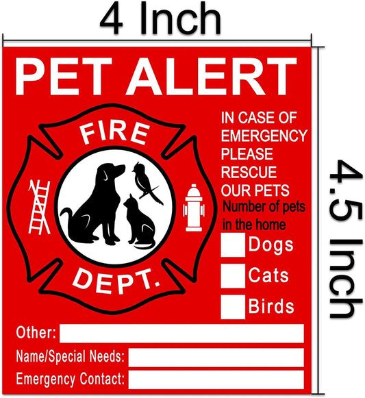 Red 'Pet Alert' sign with emergency instructions and dimensions