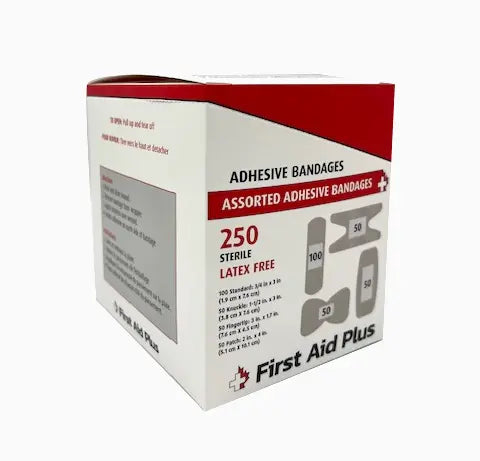 Box of Plastic Assorted Adhesive Bandage with 250 per box on a white background