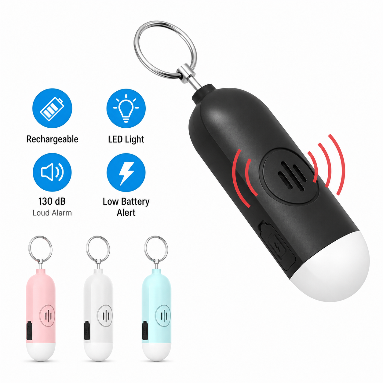 Rechargeable Personal Safety Alarm Keychain with Flashlight