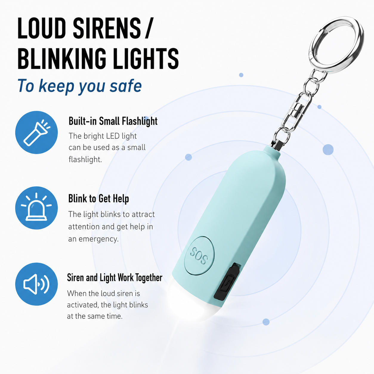 Rechargeable Personal Safety Alarm Keychain with Flashlight
