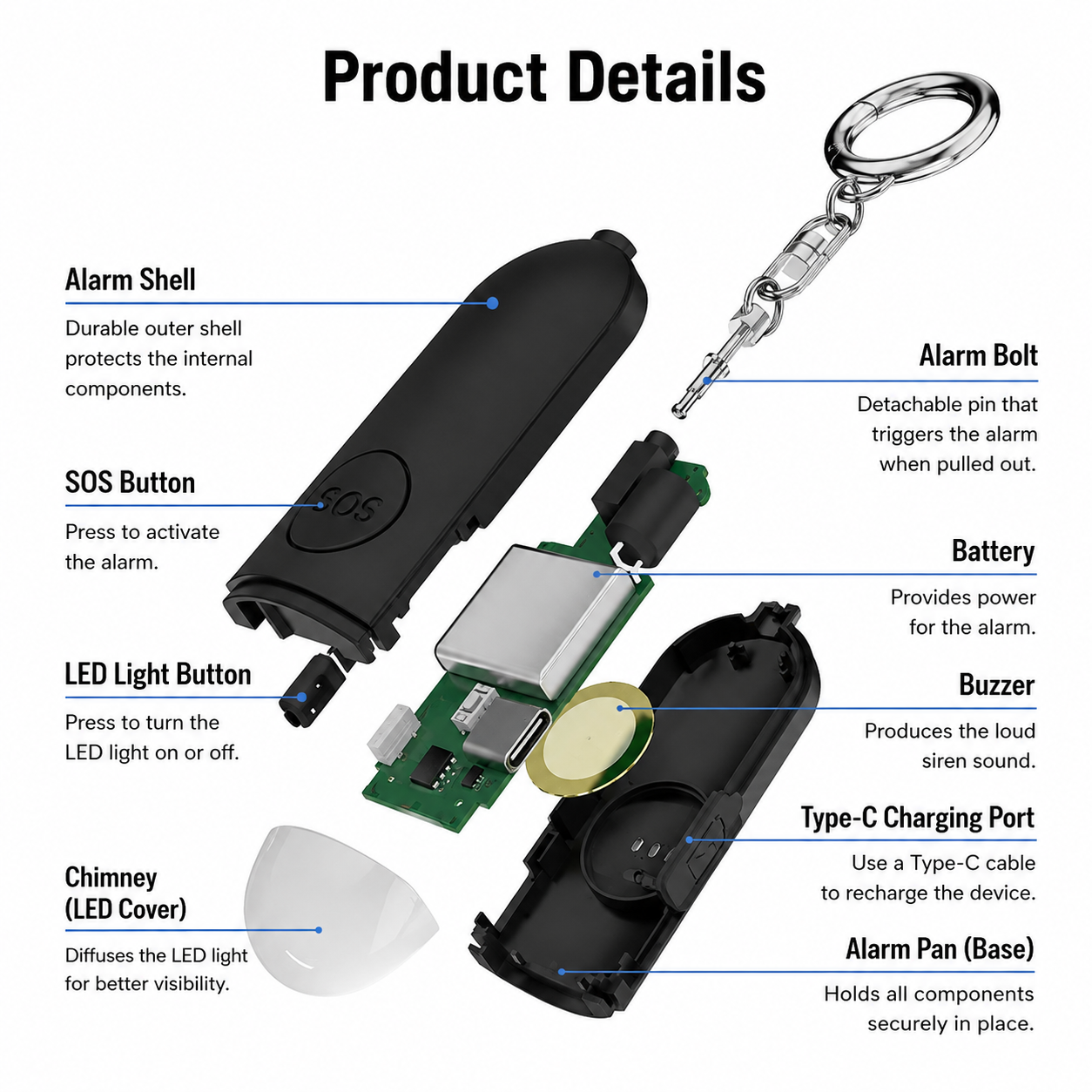 Rechargeable Personal Safety Alarm Keychain with Flashlight