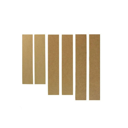 An image with six assorted wooden splints, the sizes are 2 - 5.1cm x 24.1 cm, 2 - 5.1 cm x 27.9 cm, 2 - 5.1 cm x 31.8 cm
